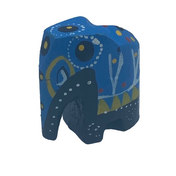 Vtg Hand Painted Wood Elephant Carved Wooden Figurine Blue 1.25" - Picture 2 of 6